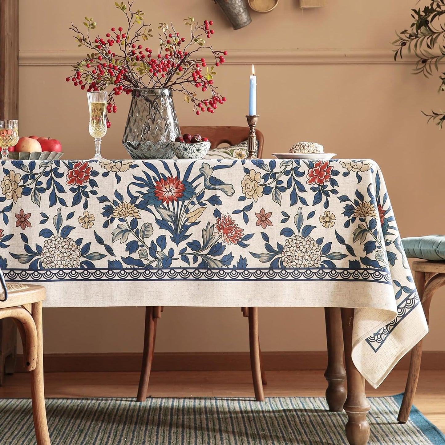 patdrea Designer Blue Tablecloth for Rectangle Table,Vintage Linen with Leaves and Floral Pattern Tablecloths,Farmhouse Decor Cover for Kitchen Dining Christmas,Thanksgiving,55"x87"-Ivar a