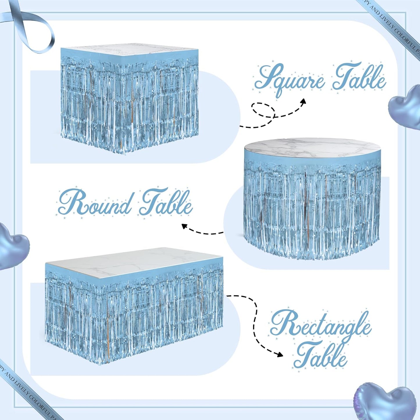 1 Pack Light Blue Table Skirts, 29x108" Metallic Foil Tinsel Fringe Table Skirts for Rectangle Tables Streamer Curtains Backdrop, Party Decorations for Birthdays Weddings Holidays