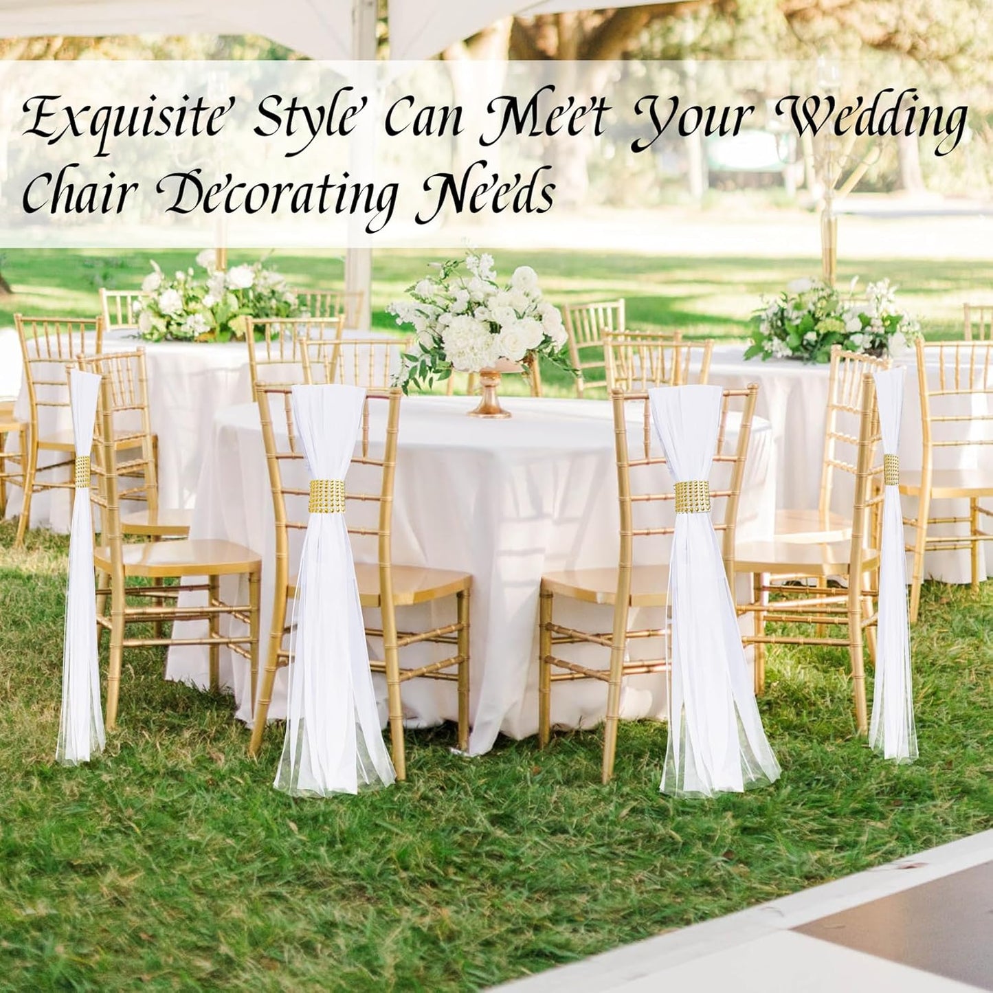 Large White Pew Bows Tulle Wedding Aisle Chair Decorations, Extended Church Pew Decor Aisle Flowers Runner for Weddings Ceremony Outside Decorations (38, Gold Wrap)