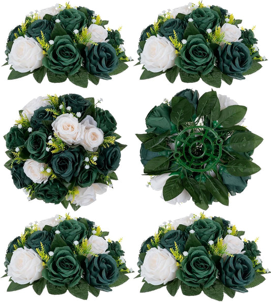 BLOSMON Green Flowers Rose Centerpieces: 6 Pcs Artificial Flower Balls for Wedding Dinning Table - Fake Silk Kissing Bouquet Floral Arrangement for Home Party Event Decor