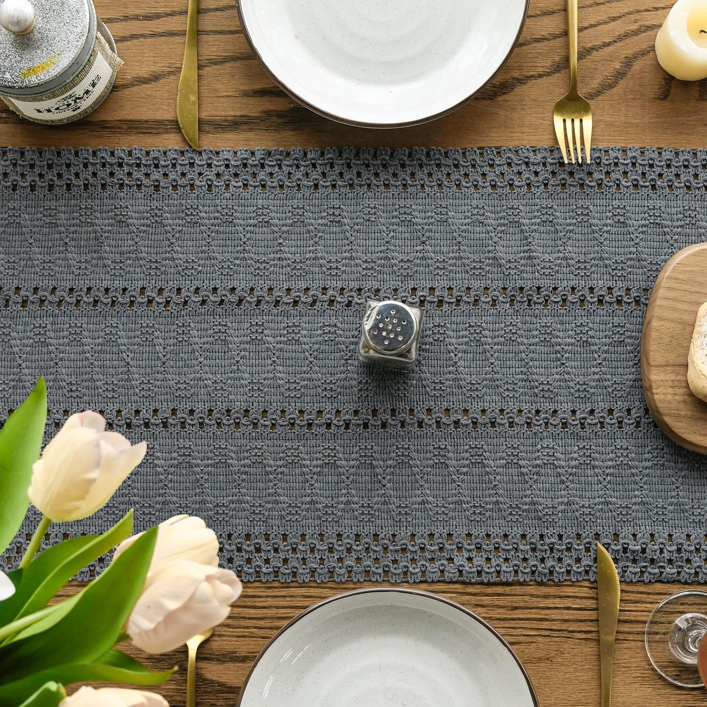 Artoid Mode Dark Grey Farmhouse Woven Rustic Hollow Table Runner, Seasonal Holiday Hollow Kitchen Dining Table Decoration for Home Party Decor 12x120 Inch
