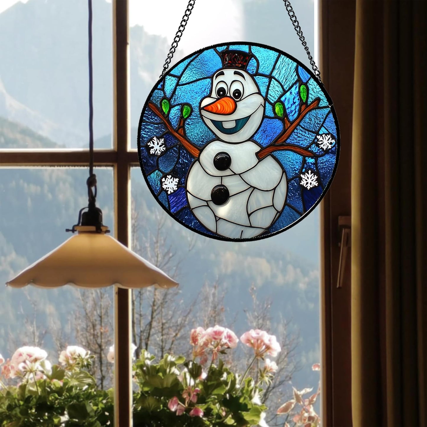 Stained Glass Window Hanging Christmas Funny Snowman 7.8" - Suncatcher Door Garden Blue White Snowflakes Sun Catcher New Year Birthday for Friend Mom Men Woman Nana