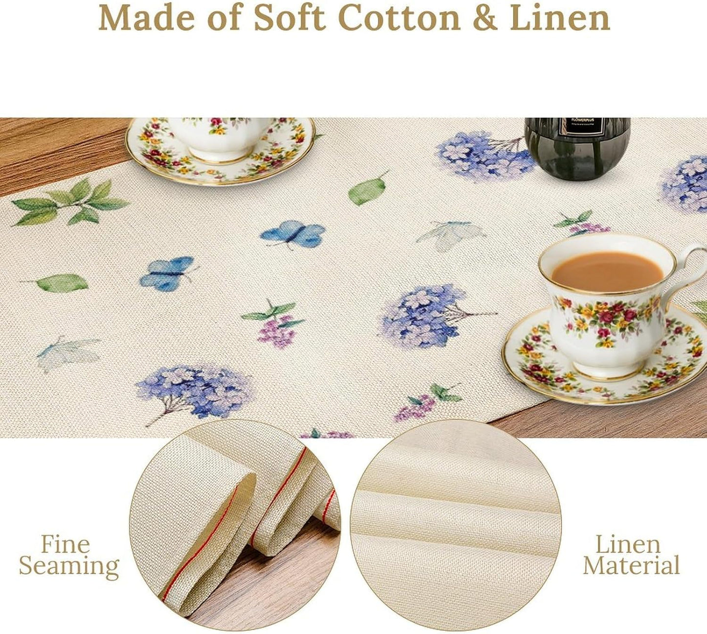 Spring Hydrangea Flower Table Runner, Seasonal Summer Plants Watercolor Florals Butterfly Dinner Runner for Home Kitchen Dining Table Party Holiday Decoration 13"x108"