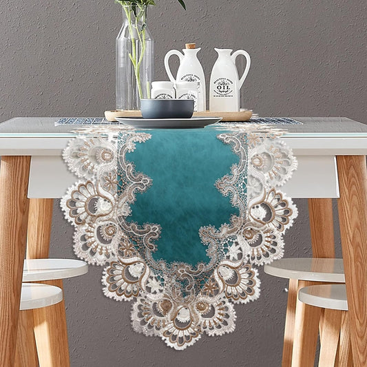 Vintage Lace Dining Table Runner, Small Macrame Coffee Table Runners 48 inches Long for Kitchen Home Christmas Party Decorations (16x48 inch, Cyan)