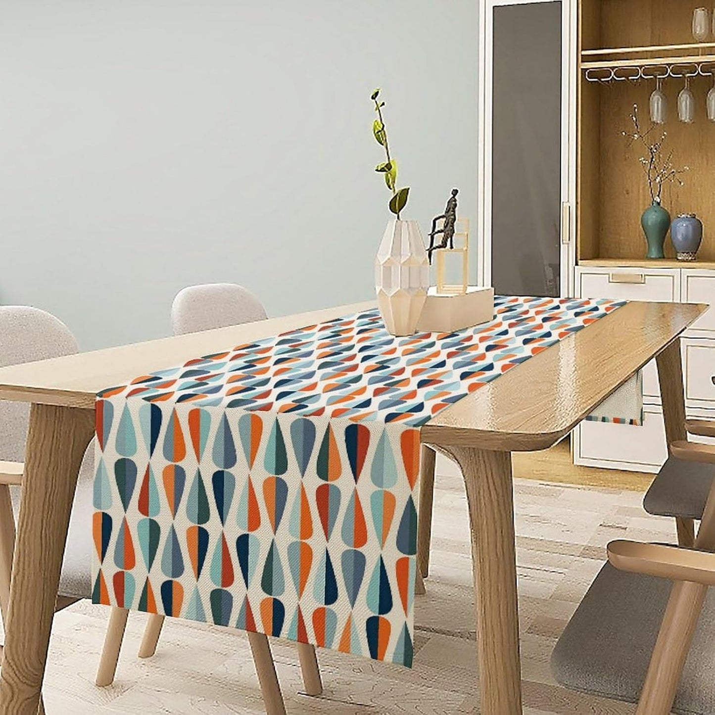 Mid Century Table Runner, Modern Style Retro Pattern Droplet Shapes Mosaic Tones Pattern Print for Home Kitchen Table Decor Dining Coffee Room Party Decor 13x60in