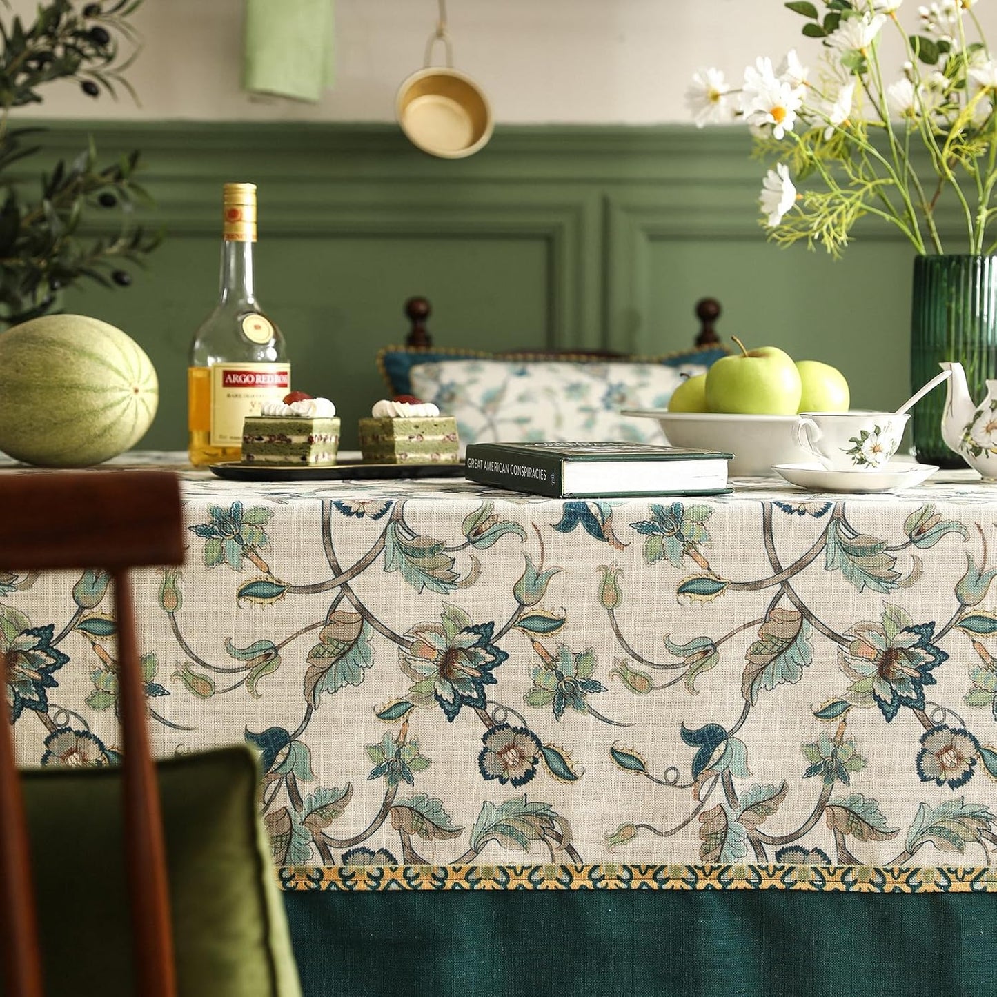 patdrea Designer Green Linen Rectangle Tablecloth,Vintage Floral Pattern Breathable Table Cloth,Home Table Cover Decor for Kitchen Dining,Christmas,Thanksgiving,Holiday,Tea Party,55"x87"-Noah