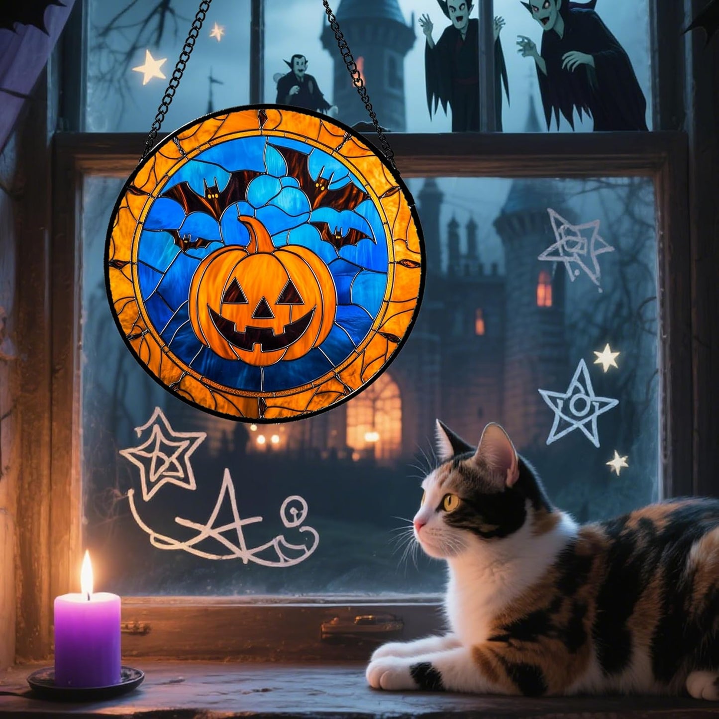 Stained Glass Window Hanging - Halloween Evil Pumpkin Suncatcher for Doors Window Garden Indoor Spooky Brown Bat Sun Catchers Gothic Decor Horror Gifts for Women Men Friend Boy Girl 11.8 in