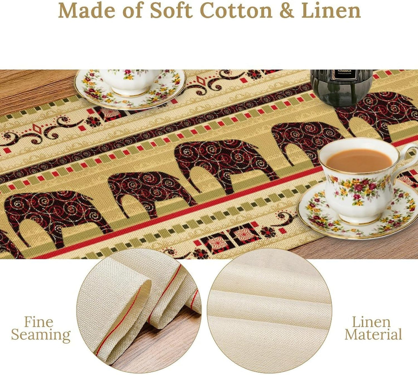 Boho Elephant Table Runner, Vintage Tribal Traditional Bohemian African Animals Ethnic Folk Table Center Decor for Home Kitchen Dining Patio Holiday Party Indoor Table Decorations, 13"x36" Inch
