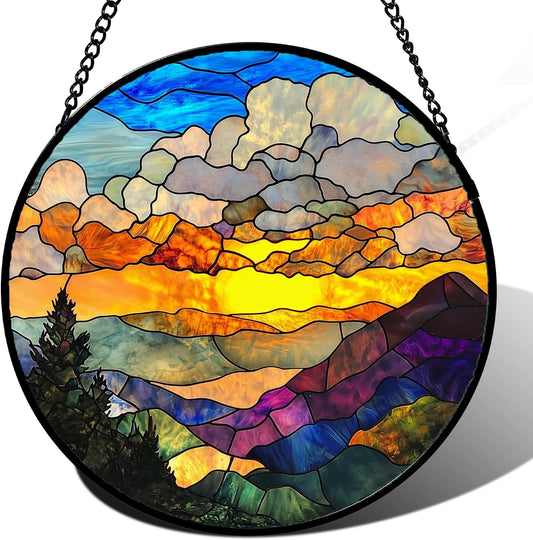 Stained Glass Window Hanging, Abstract Clouds Mountains Landscape Suncatcher for Doors Window Home Sun Catchers Decor Mother's Day Birthday Gifts for Women, Men Mom 15 in