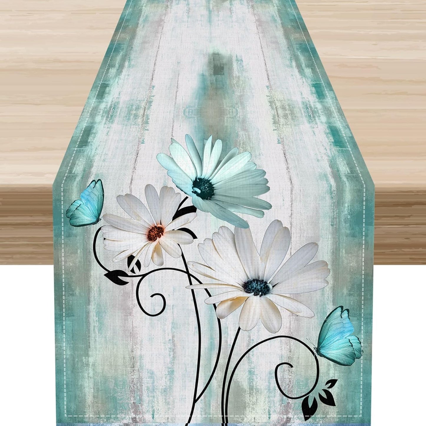 Farmhouse Table Runner, Rustic Wood Plank Spring Daisy Flower Retro Wooden Country Table Center Decor for Home Kitchen Dining Patio Holiday Party Indoor Outdoor Table Decorations, 13"x108" Inch