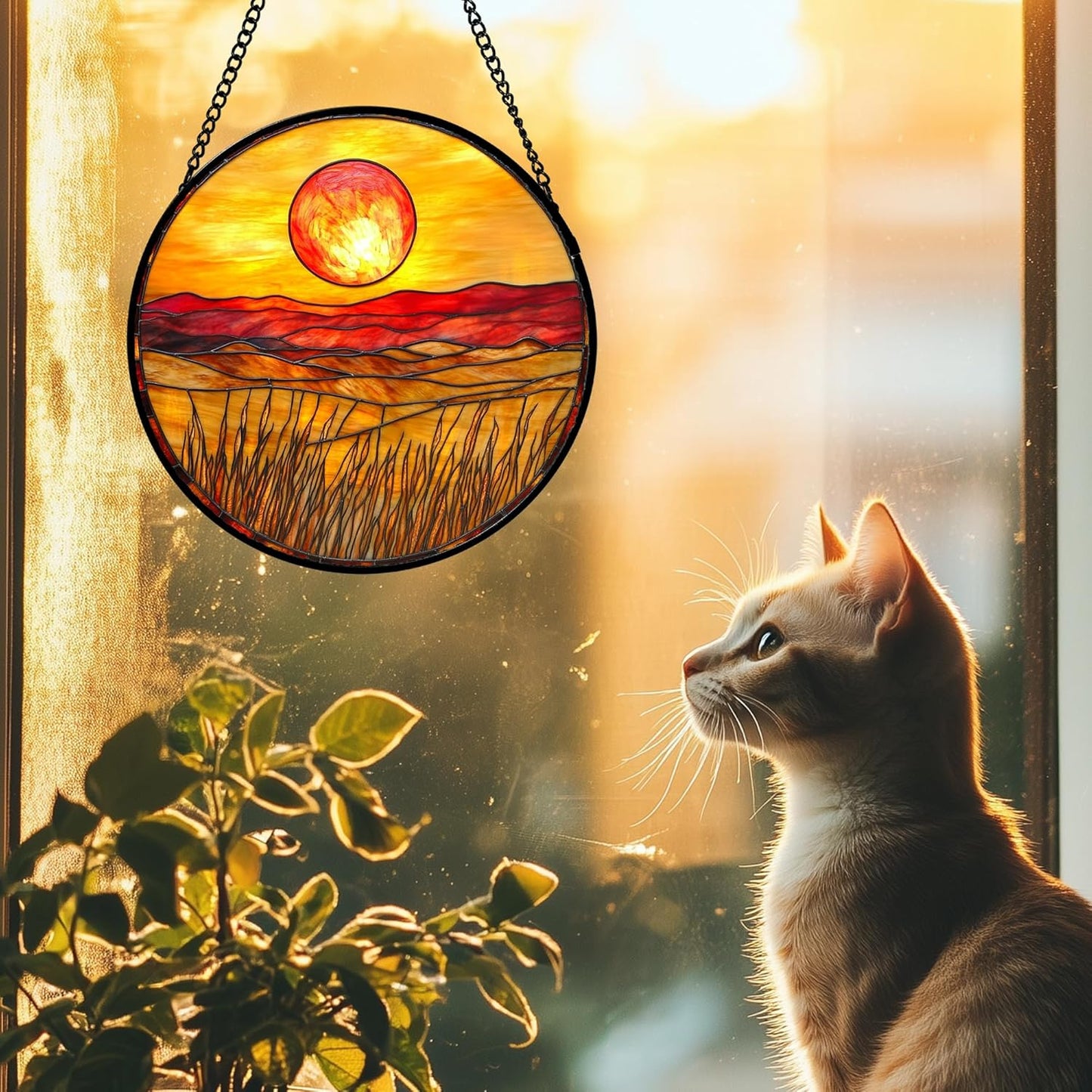 Stained Glass Window Hanging 4 Pcs Set Desert Sunset Theme Landscape Large 11.8" - Suncatcher Door Garden Sun Catcher Decor Birthday Christmas for Mom Woman Nana Men