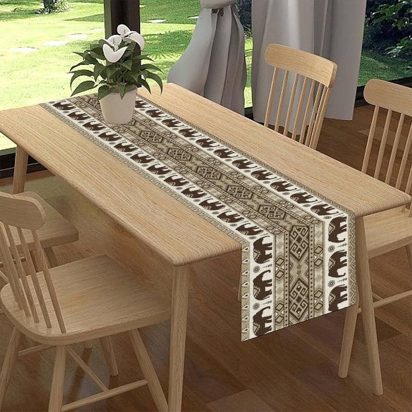 Ethnic Table Runner, Rustic Farmhouse Boho Indian Bohemian Elephant Aztec Tribal Print Beige Table Center Decor for Home Kitchen Dining Patio Holiday Party Indoor Table Decorations, 13"x108" Inch