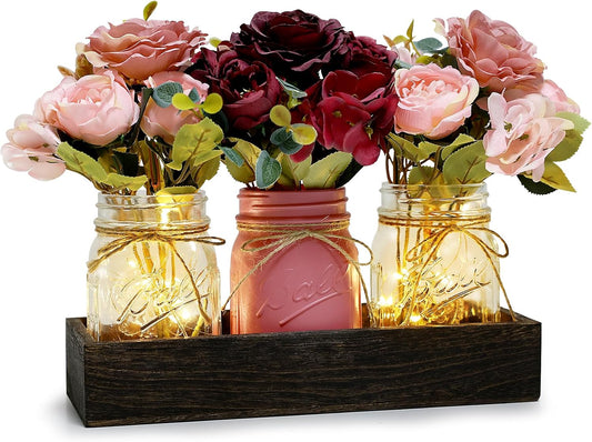Mason Jar Lights Centerpiece for Table, Mason Jar Centerpiece Decor for Dining Room Farmhouse Coffee Table Decor with Wood Tray Fairy Lights Peony Flowers for Kitchen Living - Burgundy Pink