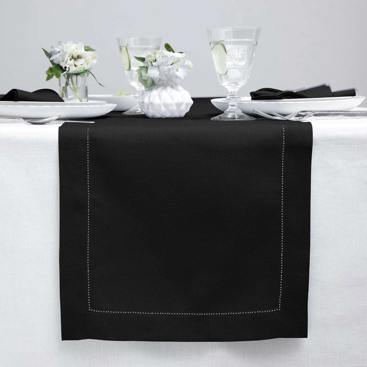 Solino Home Linen Black Table Runner 60 Inches - Classic Hemstitch, 100% Pure Linen Coffee Table Runner 14 x 60 Inch Ideal for Dresser Tables - Fall, Autumn, Halloween, Thanksgiving, Holiday