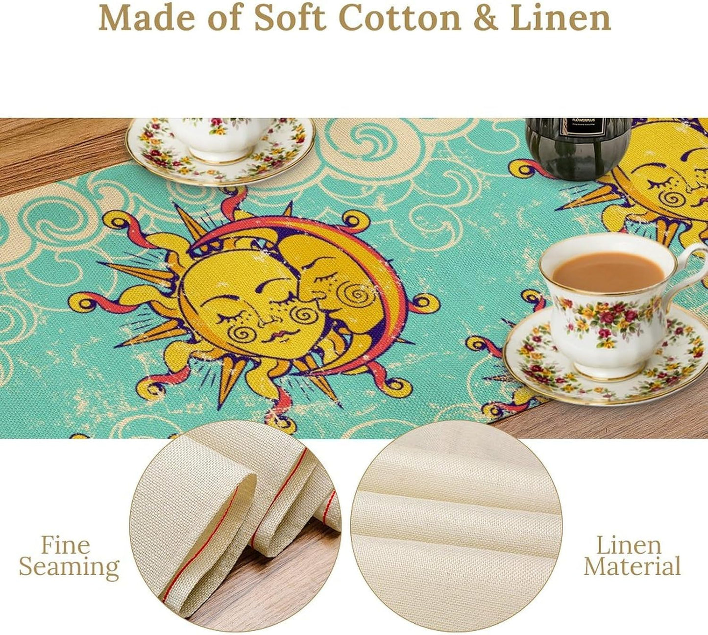 Retro Sun Moon Table Runner, Phase of The Moon Vintage Cloud Table Runner for Kitchen Dinner Living Room Table Runner Yellow Floral, 13x60 Inch Yellow Blue