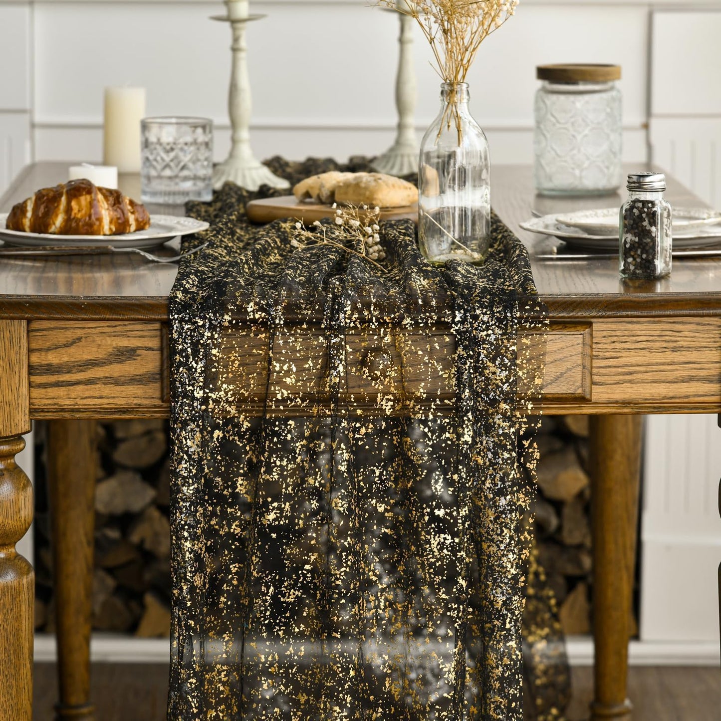 Artoid Mode 3Pcs Black Gold Gauze Table Runner 120 Inch 10FT, Glitter Metallic Foil Sheer Dining Wedding Anniversary Holiday Birthday Table Decor for Home Party