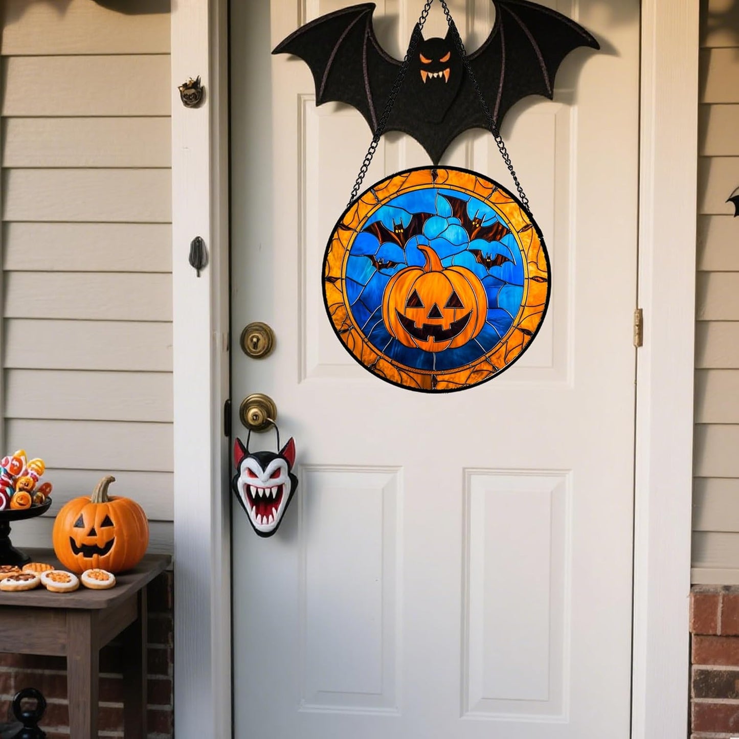 Stained Glass Window Hanging - Halloween Evil Pumpkin Suncatcher for Doors Window Garden Indoor Spooky Brown Bat Sun Catchers Gothic Decor Horror Gifts for Women Men Friend Boy Girl 15 in