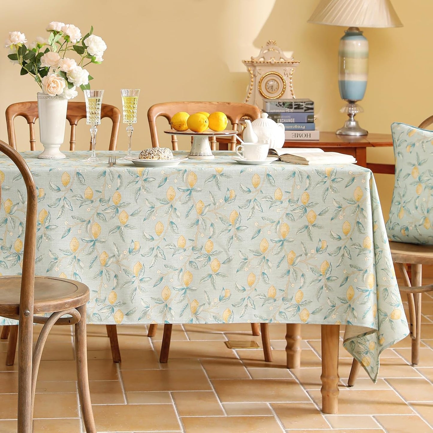 patdrea Designer Linen Green Tablecloth for Rectangle Table,Vintage Breathable Yellow Fruits Pattern Table Cloth,Decoration Cover for Kitchen Dining,Christmas,Thanksgiving,Party,55"x79"-Ania a