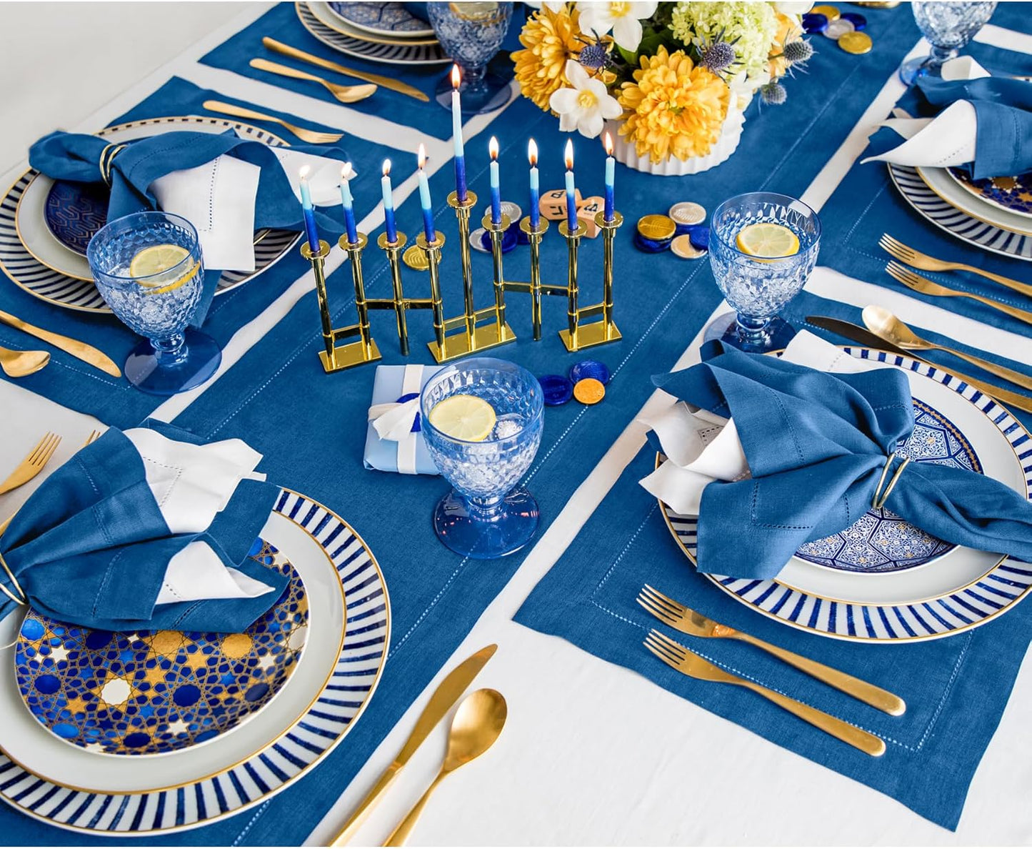 Solino Home Linen Indigo Blue Table Runner 132 Inches Long - 100% Pure Linen Extra Long Table Runner 14 x 132 Inch for Fall, Autumn - Classic Hemstitch