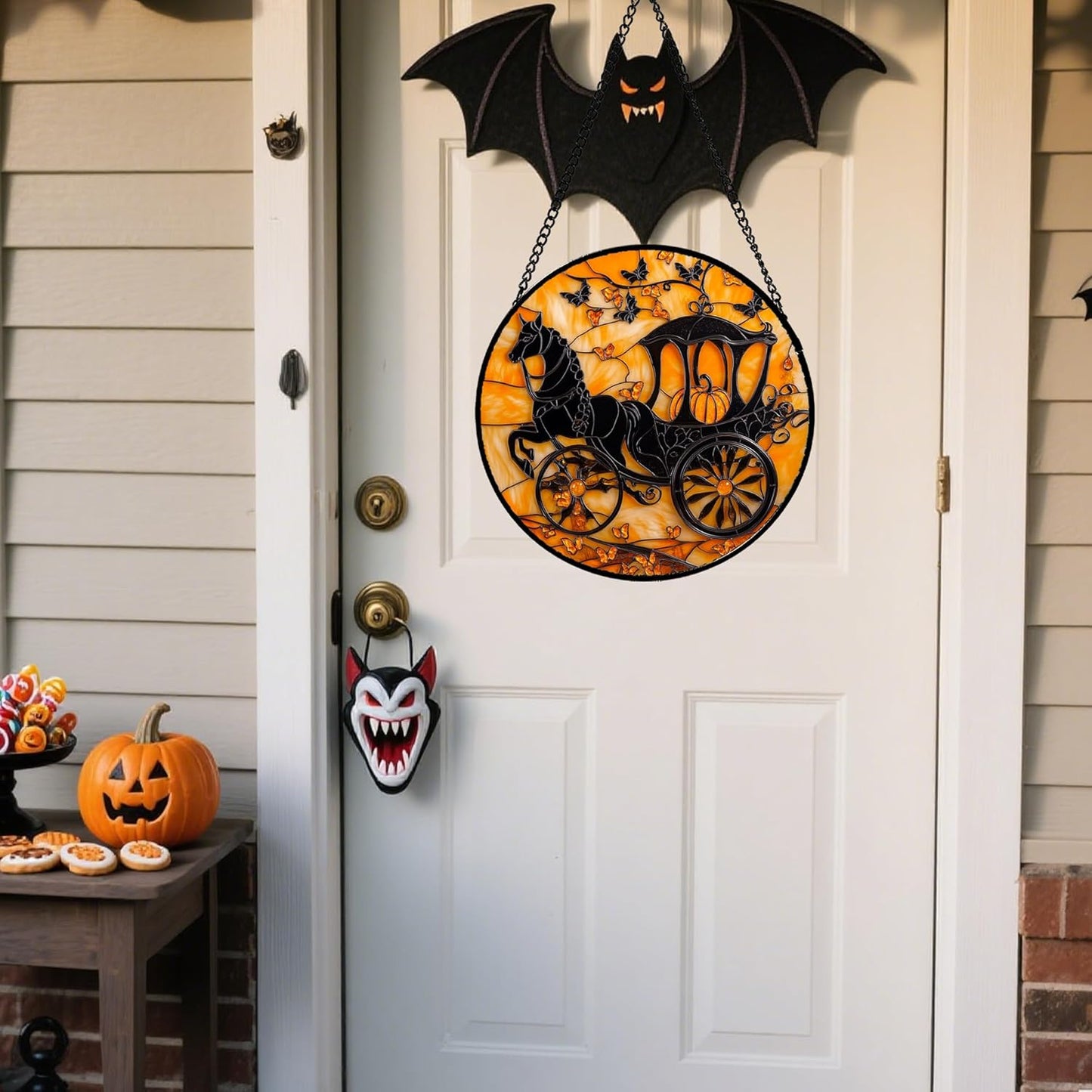 Stained Glass Window Hanging - Halloween Pumpkin Carriage Suncatcher for Doors Window Garden Indoor Spooky Funny Orange Sun Catchers Gothic Decor Horror Gifts for Women Men Friend 7.8 in