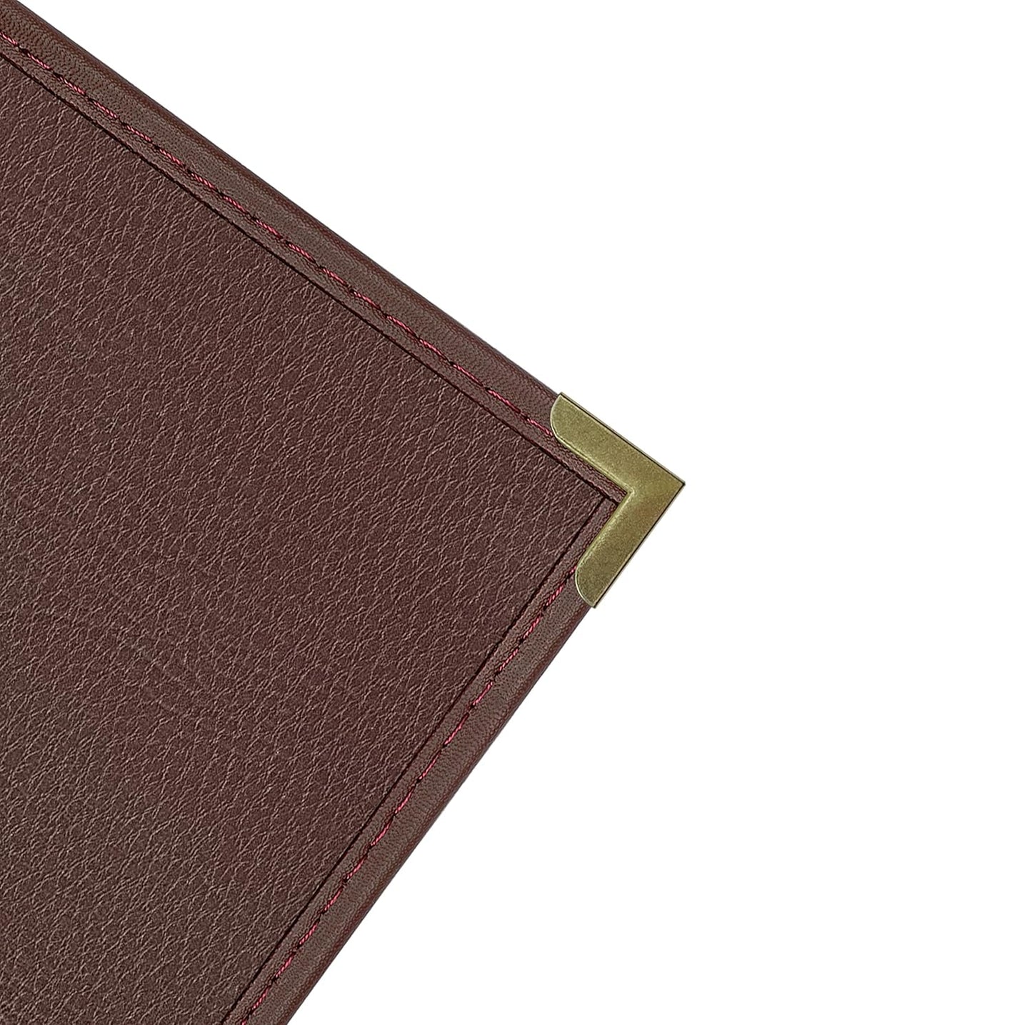 Goodsmart Pajco Style Restaurant Menu Covers – Pack of 10, Side-Load Fold-Out Menu Holders, Single Stitched Edge Clear Vinyl Menu Sleeves, Leatherette Trim Gold Corners, Burgundy, 3 View (8.5" x 14")