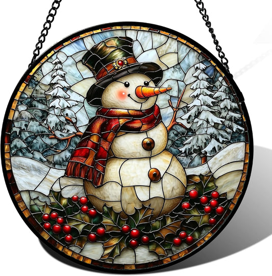 Stained Glass Window Hanging - Christmas Snowman Suncatcher for Door Terrace Garden Home Decor Winter Forest Snow Sun Catcher Birthday Gifts for Lovers Women Men Dad Mom Nana 9.8 in