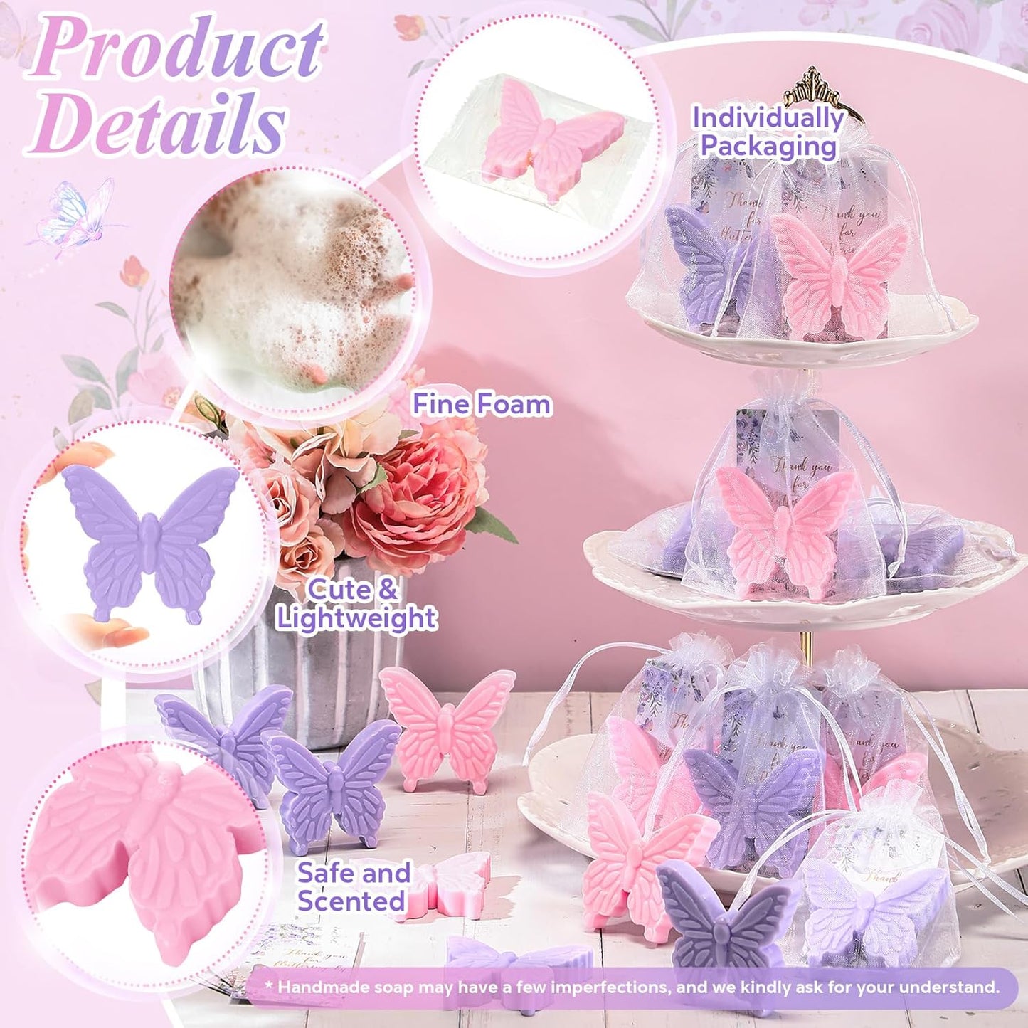 Dunzy 50 Set Butterfly Theme Baby Shower Favors for Guests Butterfly Soap Favors with Thanks You Cards Gift Bags Gender Reveal Baptism Party Decorations Wedding Bridal Souvenirs (Purple,Pink)