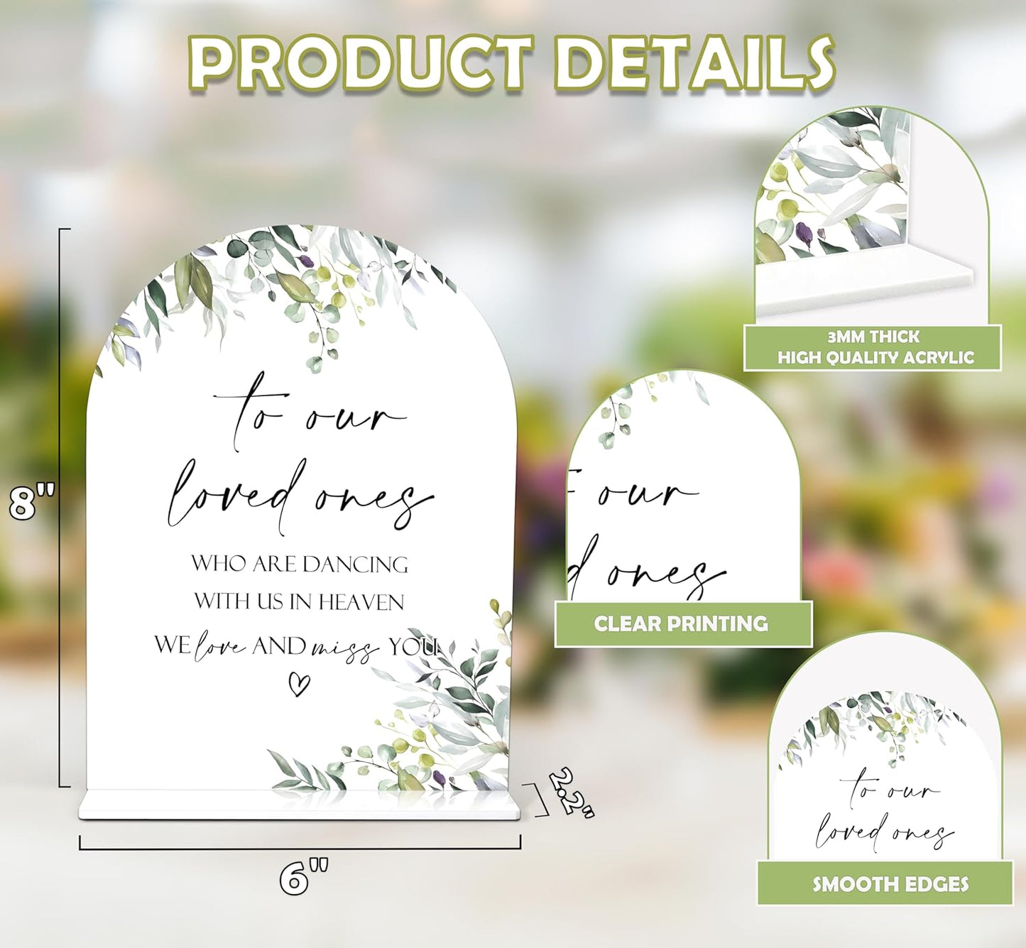 Greenery Wedding Memorial Sign, 6 x 8 Inch White Arch Acrylic Wedding Sign with Holder, Wedding Decoration, Wedding Supplies