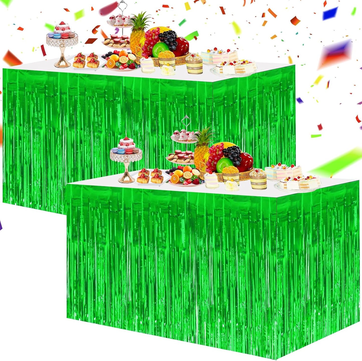 BEISHIDA 2 Pack Metallic Tinsel Foil Fringe Table Skirts for Rectangle & Round Tables Green Kids' Birthday, Holiday Party, Cartoon Party Decorations - Perfect for Birthday Baby Shower Festive Events