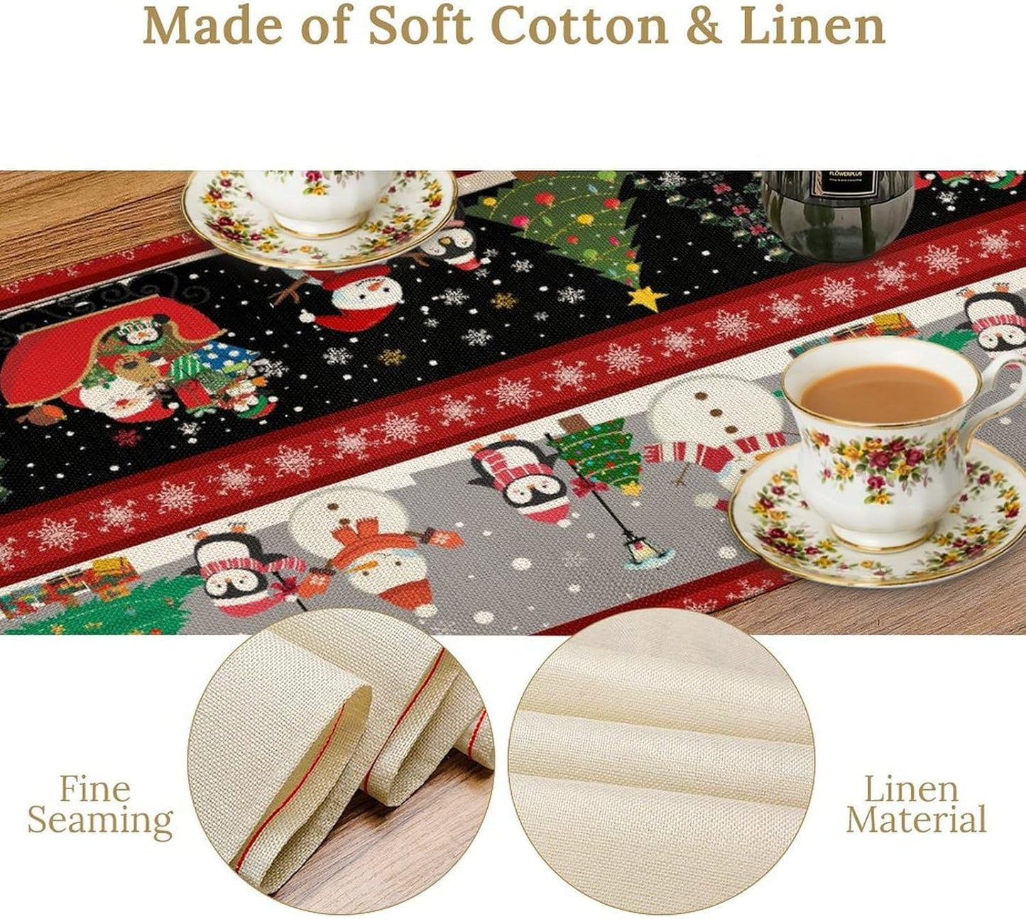 Christmas Table Runner,Cartoon Snowman Tree Xmas Deer Elk Santa Claus Print Tablecloth Burlap for Hotel Indoors Outdoor Dining Room Kitchen Home Decor,W13X L80 in