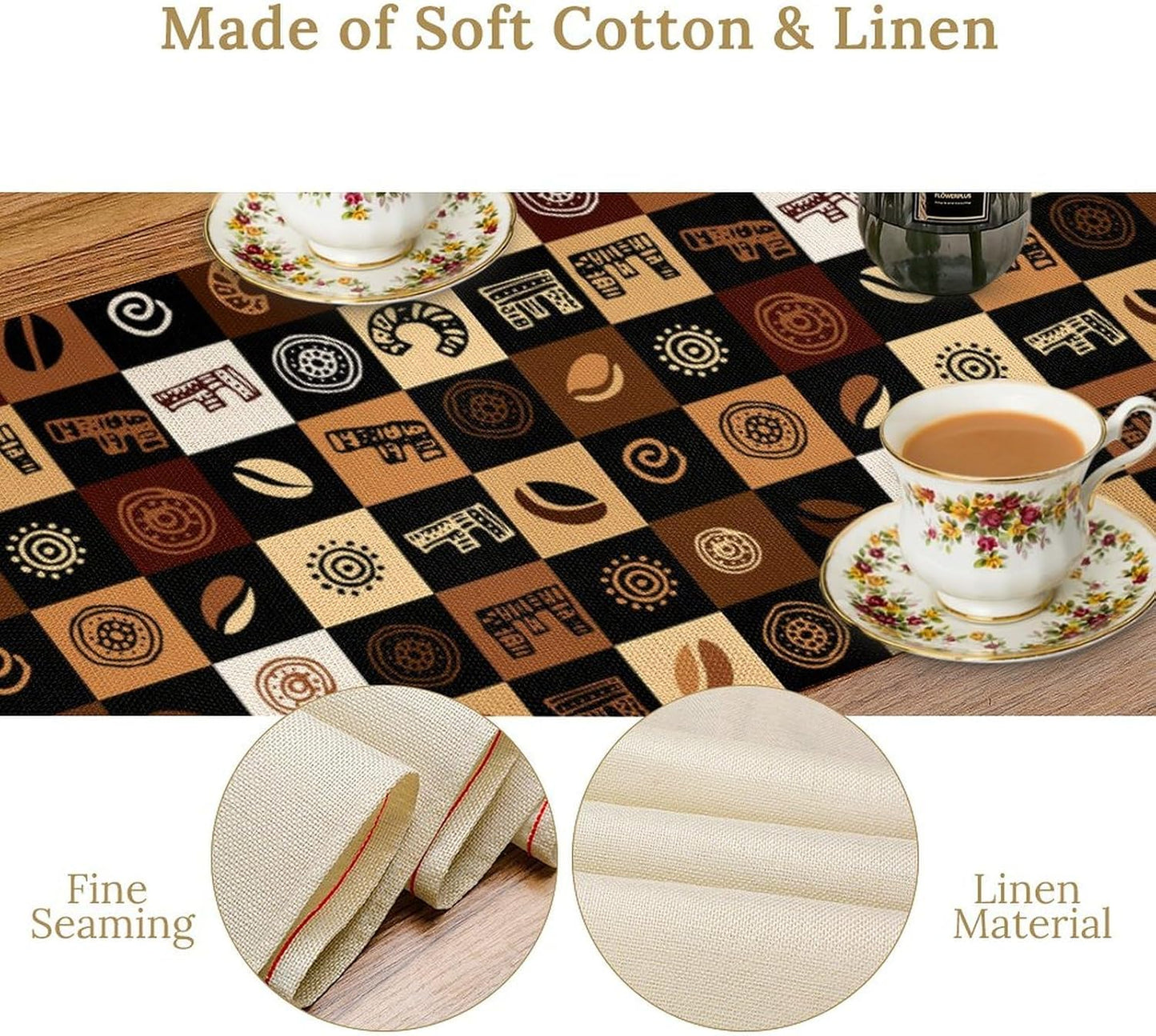 Coffee Theme Table Runner, Rustic Farmhouse Coffee Cup Latte Cappuccino Tea Party Cafe Table Center Decor for Home Kitchen Dining Patio Holiday Party Indoor Outdoor Table Decorations, 13"x72" Inch
