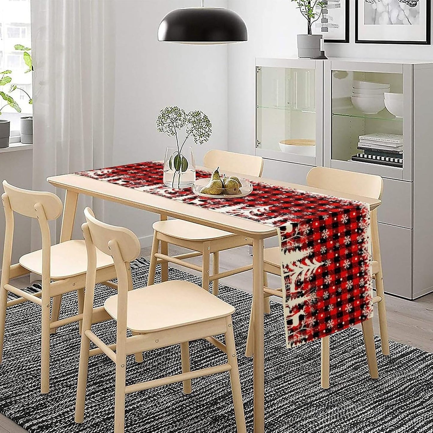 Christmas Table Runner,Red Black Plaid Xmas Snowflakes Deer Trees Print Tablecloth Burlap for Hotel Indoors Outdoor Dining Room Kitchen Home Decor,W13X L80 in