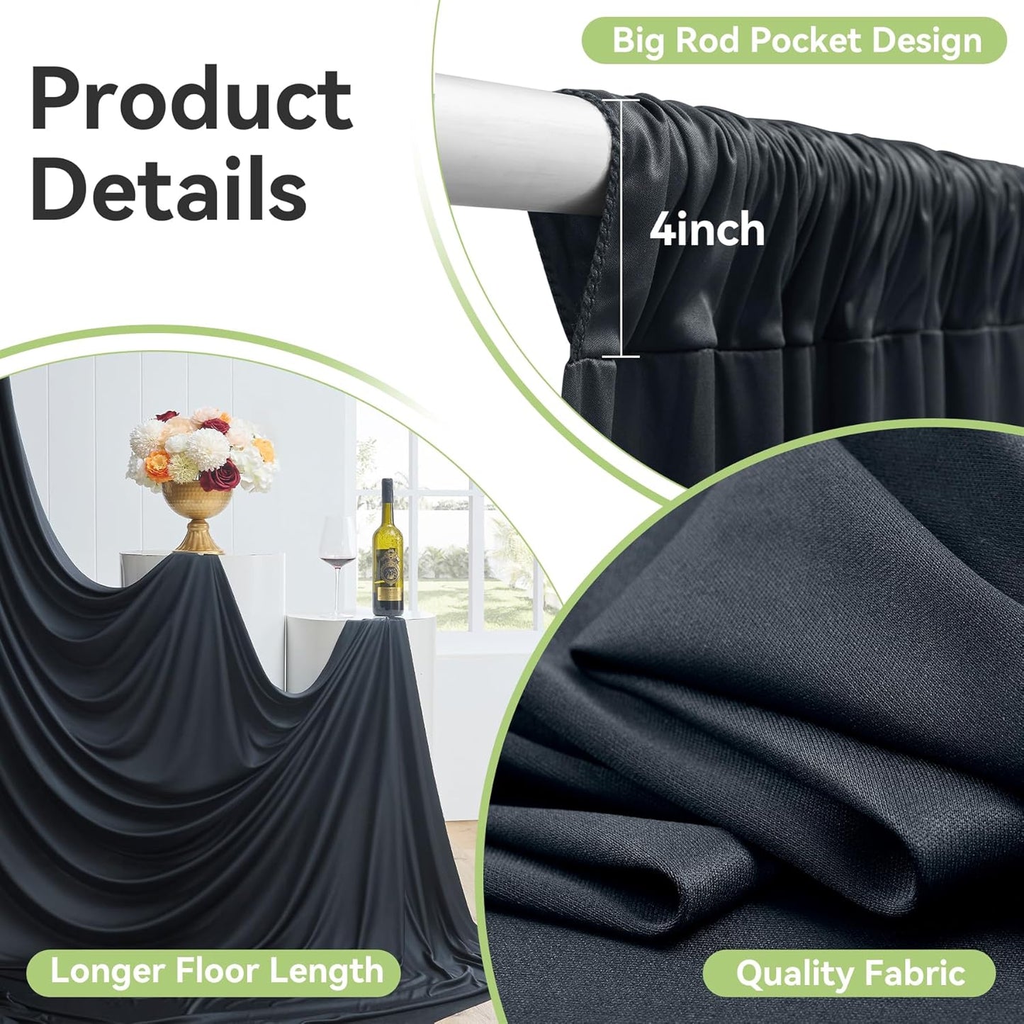 10ftx15ft Wrinkle Free Black Backdrop Curtain, 2 Panels 15FT Height Black Wedding Backdrop Drapes, Silky Polyester Back Drop Cloth for Birthday Photography Background Party Backdrop Draping