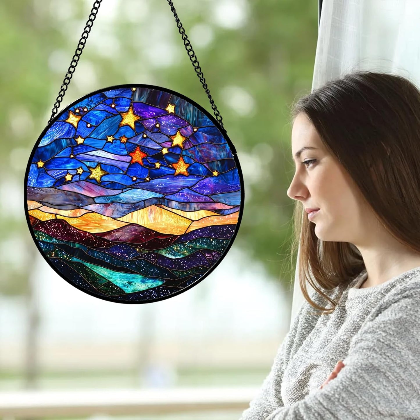Stained Glass Window Hanging, Blue Sky Gold Stars Abstract Landscape Suncatcher for Doors Window Home Sun Catchers Decor Mother's Day Birthday Gifts for Women, Men Mom 15 in