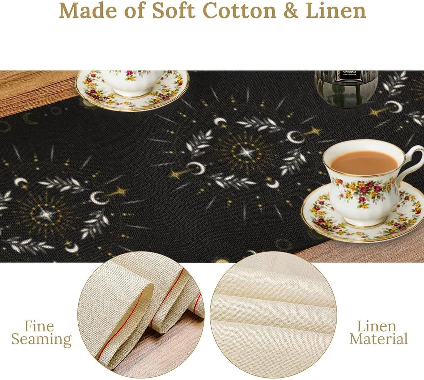 Sun Moon Table Runner, Magical Leaves Mysterious Western Traditional Elements Black White Table Runner for Party Living Room Home Kitchen Dinner 13x90 Inch