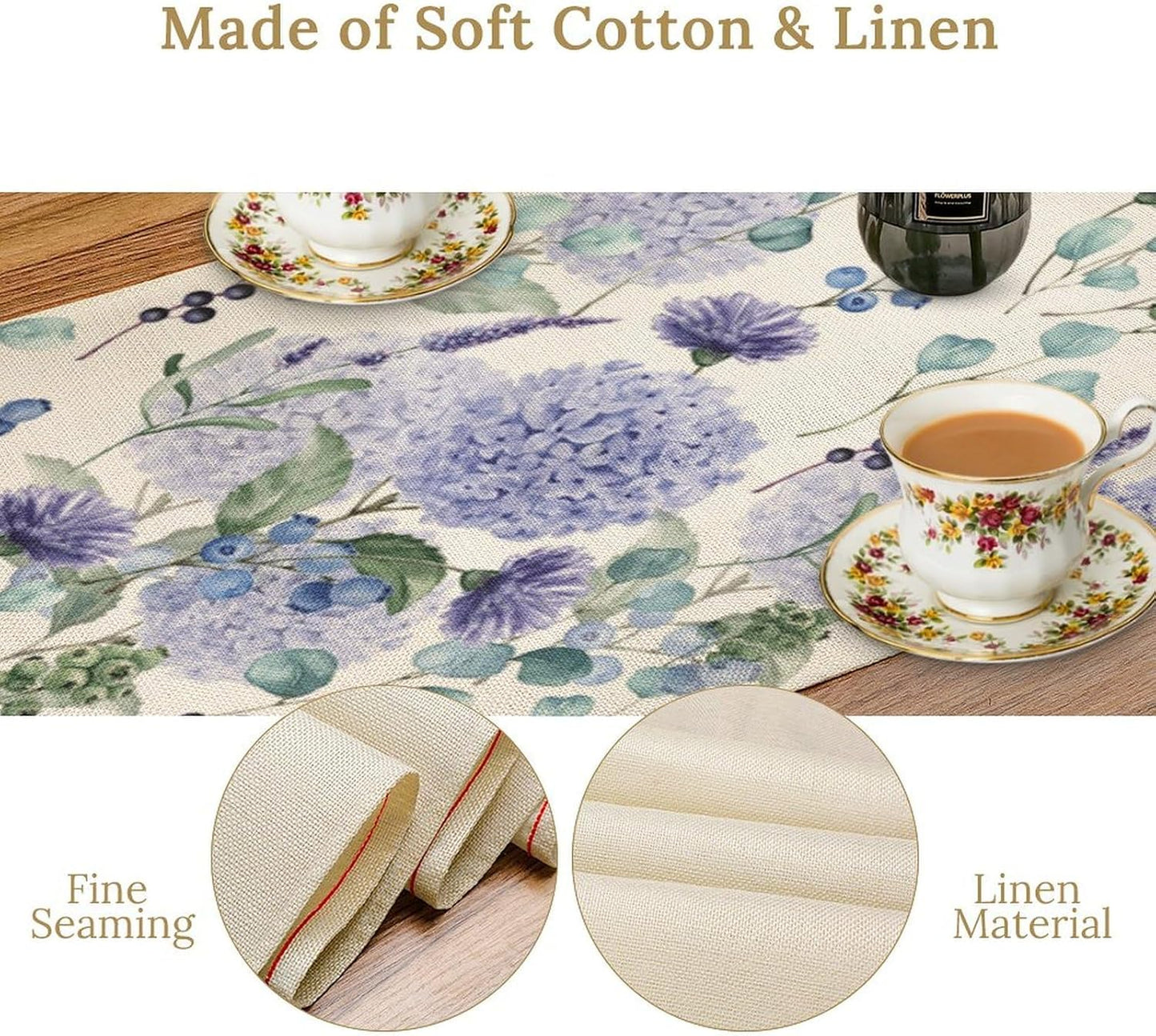 Spring Hydrangea Flower Table Runner, Seasonal Summer Plants Watercolor Eucalyptus Leaves Purple Florals Dinner Runner for Home Kitchen Dining Table Party Holiday Decoration 13"x60"