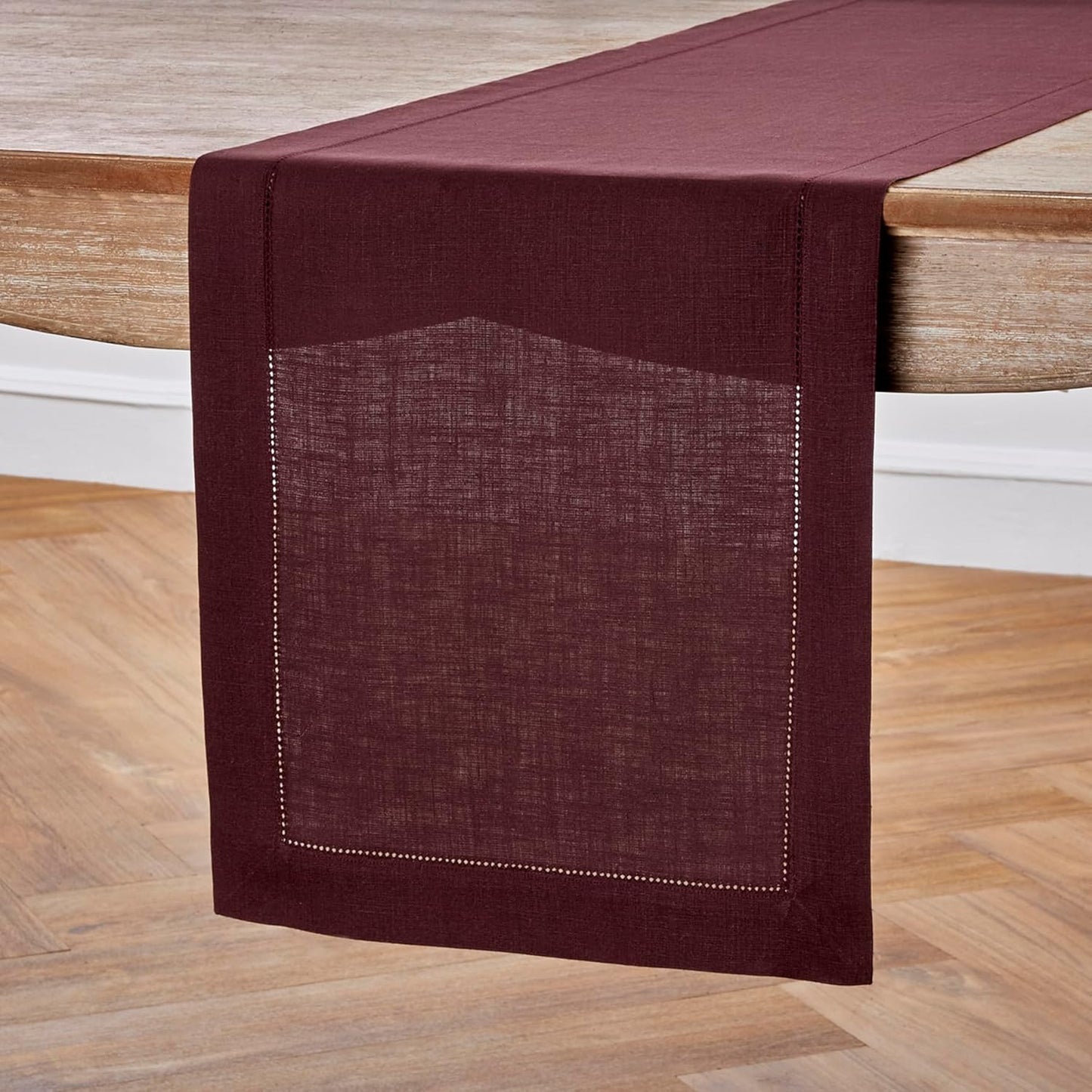 Solino Home Linen Burgundy Table Runner 144 Inches Long - 100% Pure Linen Extra Long Table Runner 14 x 144 Inch for Fall, Autumn, Thanksgiving, Christmas, Holiday - Classic Hemstitch