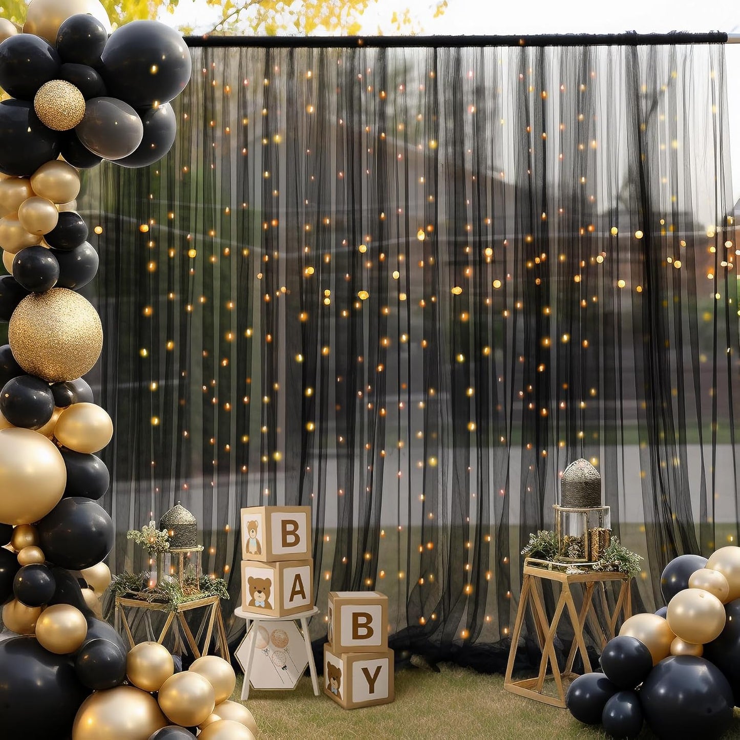 10ft X 10ft Black Sheer Backdrop Curtain for Parties, Tulle Sheer Fabric Backdrop Curtain Drapes for Baby Shower Birthday Party Photo Shoot Halloween Decorations