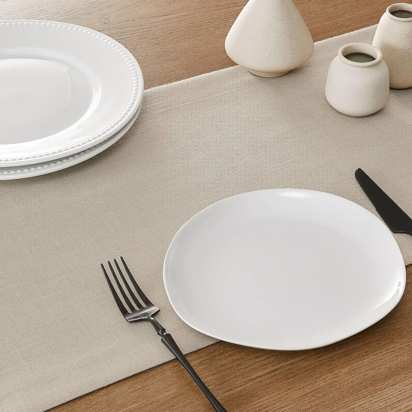 ZeeMart Linen Textured Border Table Runner, 14 x 48 Inch Natural, Farmhouse Style Neutral Table Runners 48 Inches Long, Easy Care Everyday Polyester Table Runner