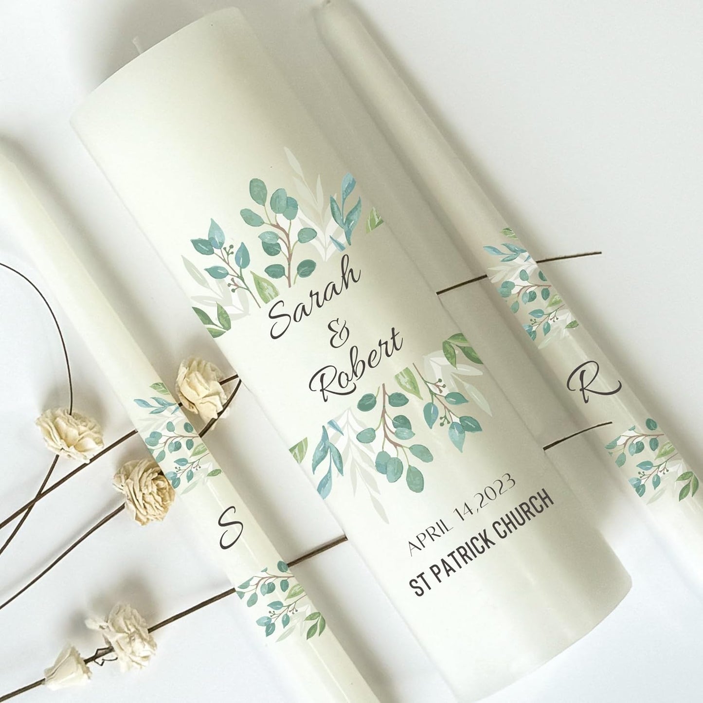 Unity Candles for Wedding, Modern Unity Set, Custom and Personalized Pillar and Taper Candles, Unscented White Premium Wax, Religious and Wedding Ceremony, Special Events (Olive)