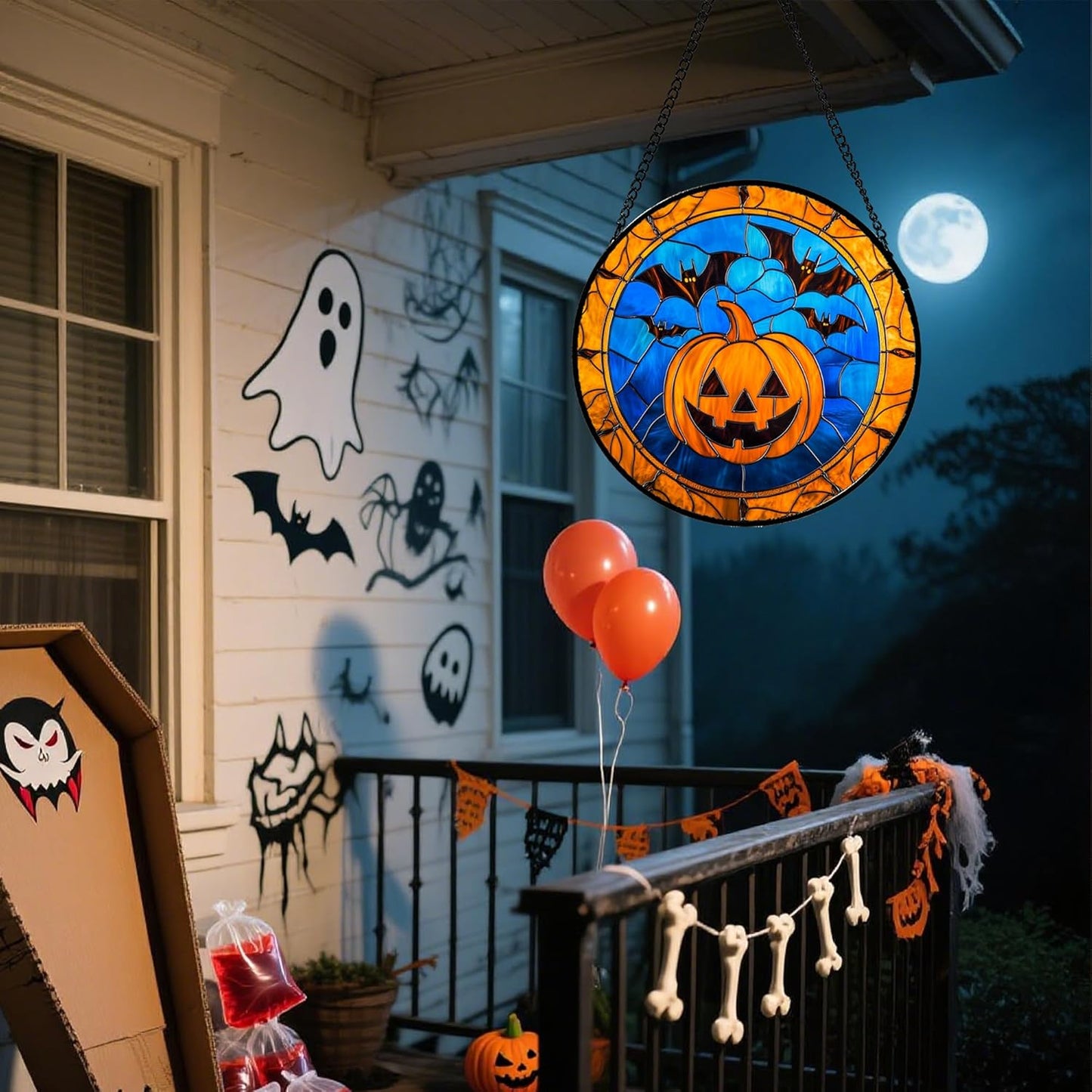 Stained Glass Window Hanging - Halloween Evil Pumpkin Suncatcher for Doors Window Garden Indoor Spooky Brown Bat Sun Catchers Gothic Decor Horror Gifts for Women Men Friend Boy Girl 11.8 in