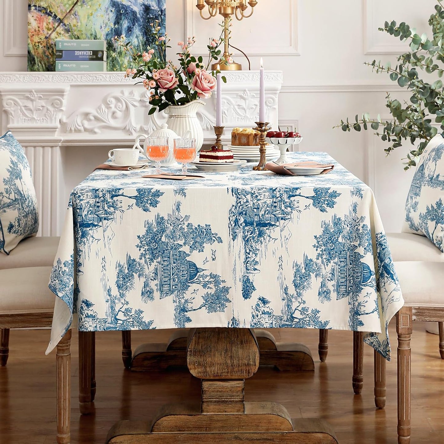 patdrea Designer Vintage Cyan Tablecloth for Rectangle Table,Linen Ancient Castle and Manor Pattern Tablecloths,Table Cover Decor for Kitchen Dining Christmas,Thanksgiving,63"x87"-Lucerne a