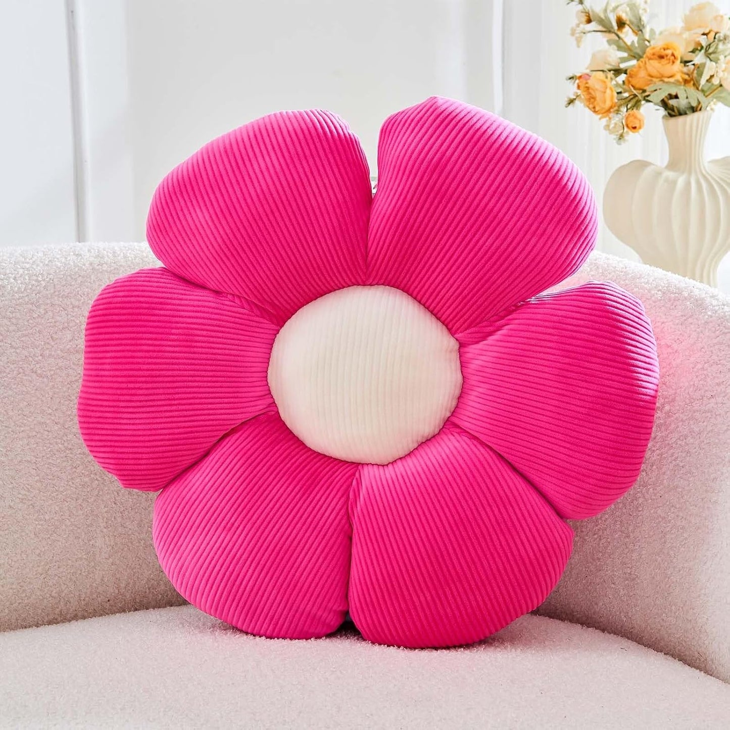 Hot Pink Flower Pillow, 14.9" Cute Flower Shaped Floor Pillow, Aesthetic Floral Plush Daisy Decorative Throw Pillows for Bed Sofa Couch