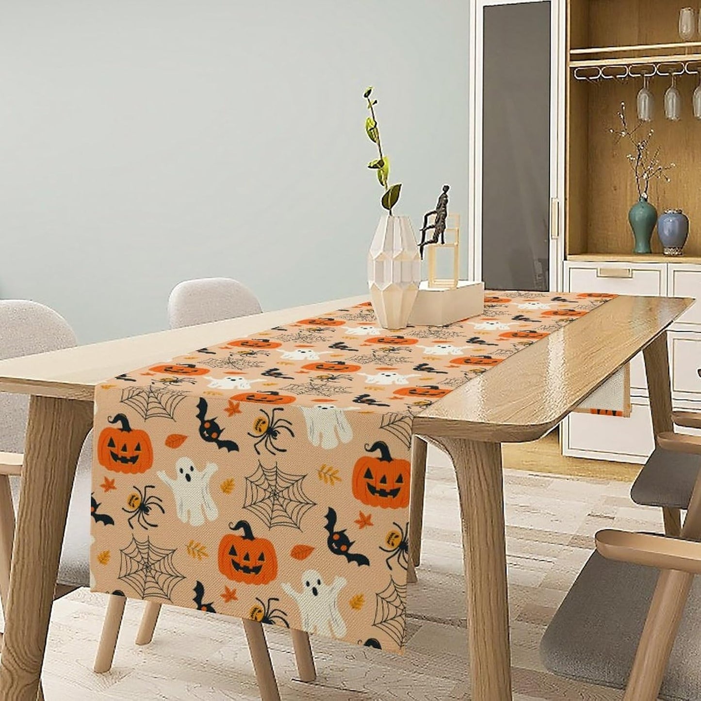 Halloween Table Runner,Cute Ghost Pumpkin Leaves Table Runner for Kitchen Dining Table Decoration Home Party Decor 13x120 Inch