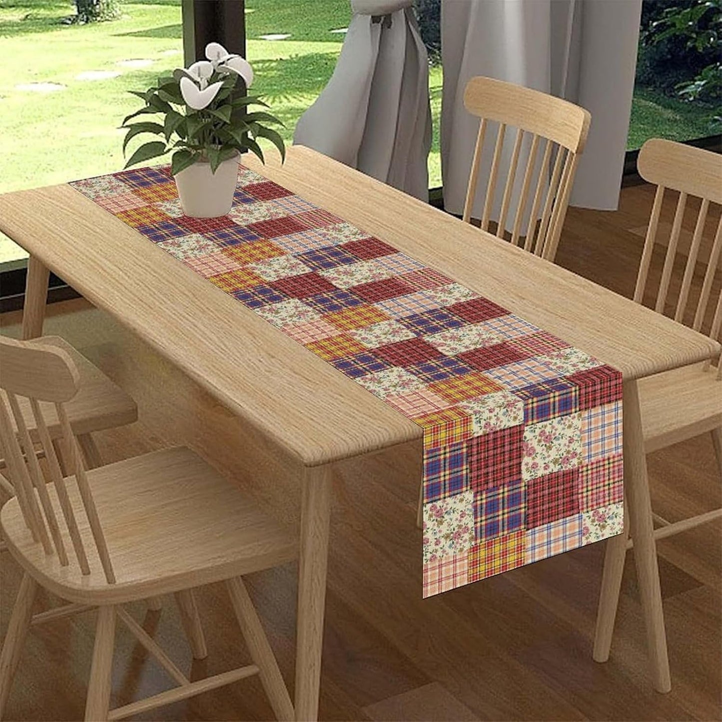 Patchwork Table Runner, Boho Vintage Floral Checkered Plaid Bohemian Paisley Flower Farmhouse Table Center Decor for Home Kitchen Dining Patio Holiday Party Indoor Table Decorations, 13"x108" Inch