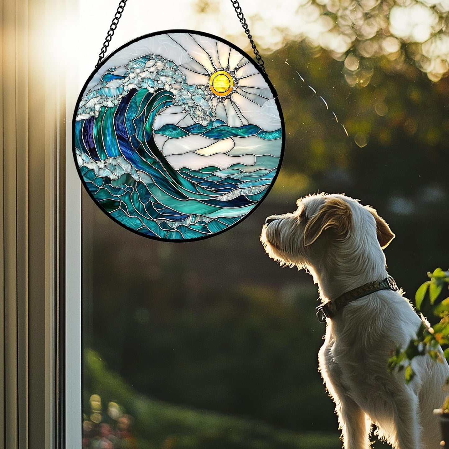 Stained Glass Window Hanging - Blue Green Waves Suncatcher for Door Terrace Garden Home Decor Sunrise Over The Sea Sun Catcher Birthday Gifts for Lovers Women Men Dad Mom Nana 15 in