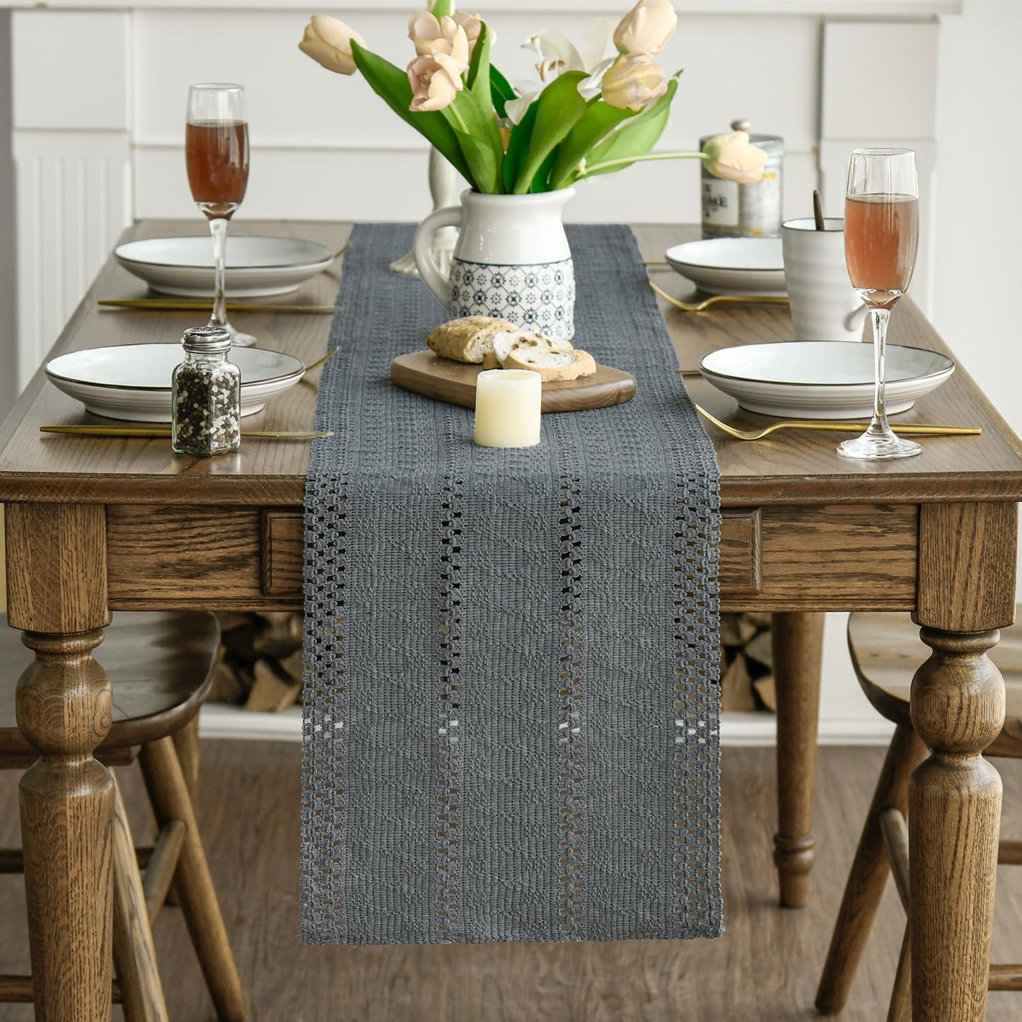 Artoid Mode Dark Grey Farmhouse Woven Rustic Hollow Table Runner, Seasonal Holiday Hollow Kitchen Dining Table Decoration for Home Party Decor 12x108 Inch