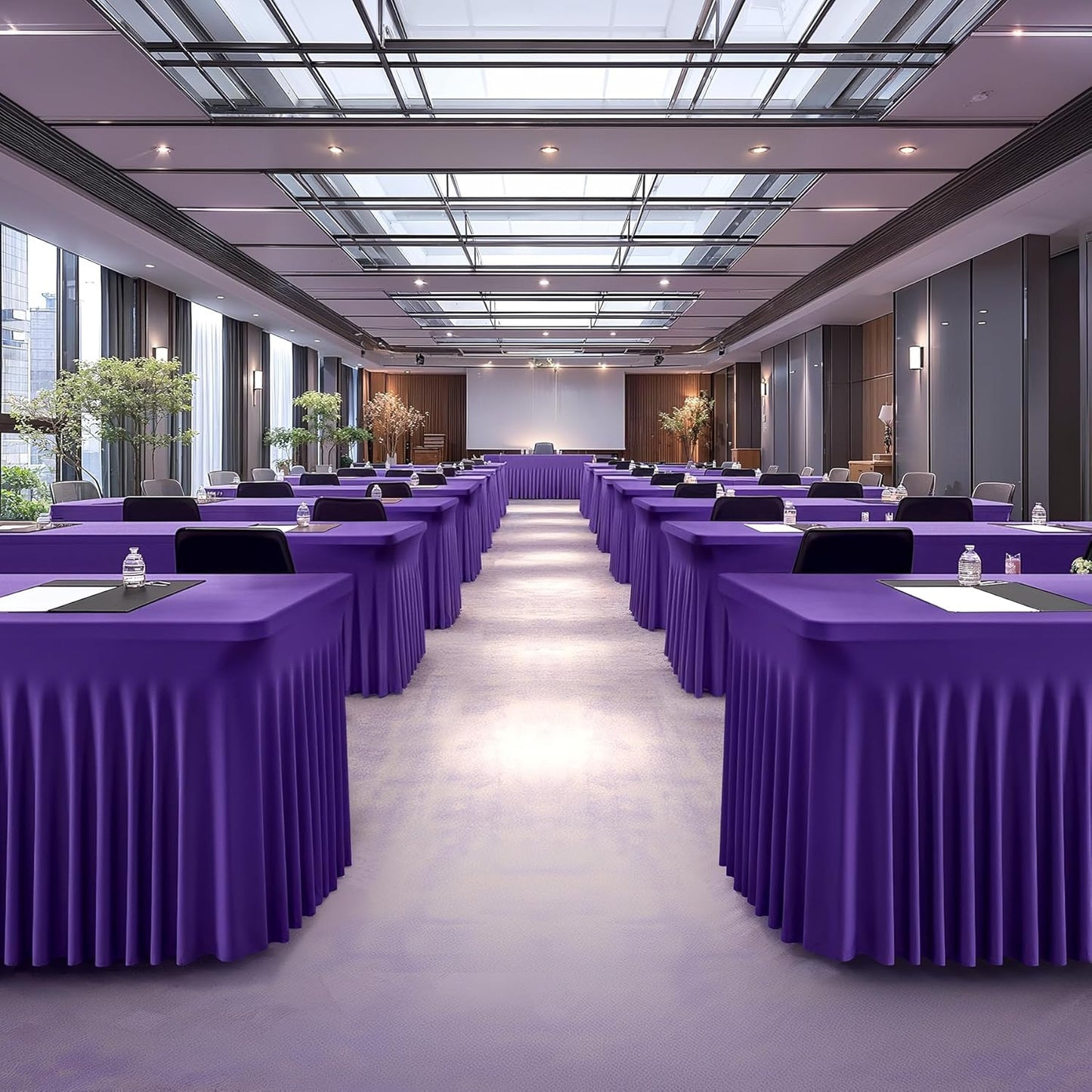 Wish Care 6 Pack Dark Purple Spandex Table Clothes for 8 Foot Rectangle Tables, 8FT Wrinkle Free Fitted Tablecloths Ruffles Design Table Cover for Party, Banquet, Wedding and Events
