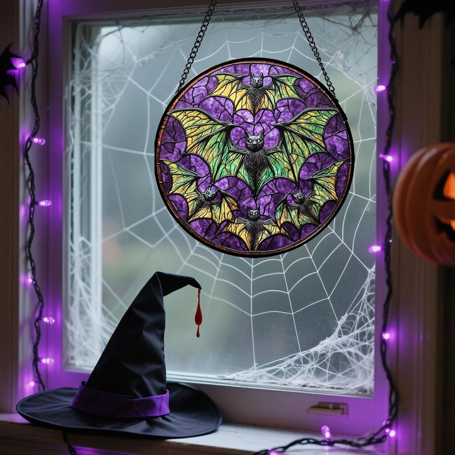 Stained Glass Window Hanging - Halloween Decorations Bats Suncatcher for Doors Garden Indoor Spooky Funny Purple Sun Catchers Gothic Decor Horror Gifts for Women Men Friend 15 in