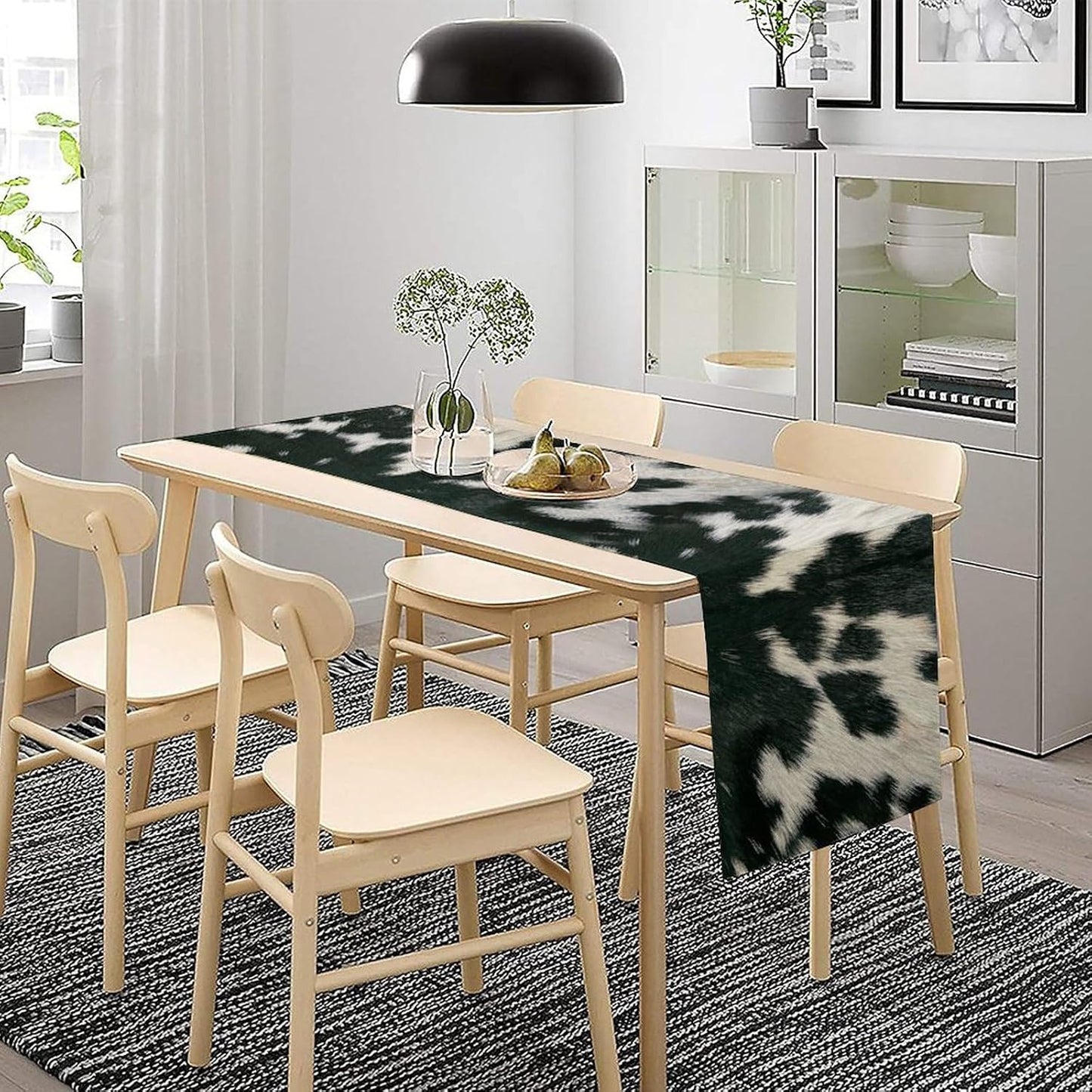 Cow Skin Print Table Runner, Rustic Country Farm Fur Skin Cowhide Pattern Western Style Black White Print Table Runner for Home Kitchen Dinning, 13x120 Inch